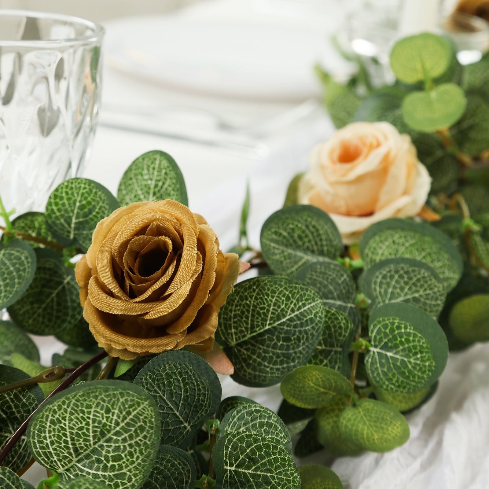 6ft Artificial Eucalyptus Garland with Cream/Gold Silk Roses – Faux Greenery Vine