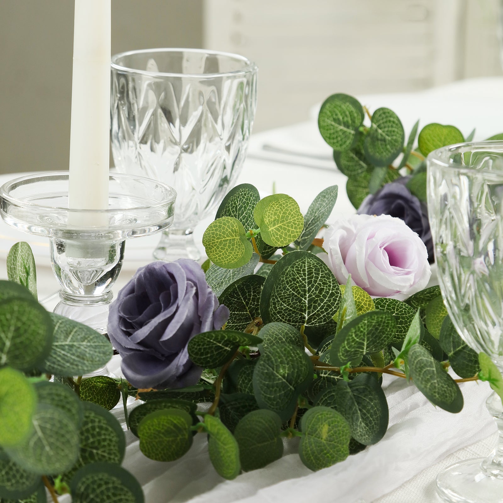 6ft Artificial Eucalyptus Garland with Lavender Lilac/Purple Silk Roses – Faux Greenery Vine