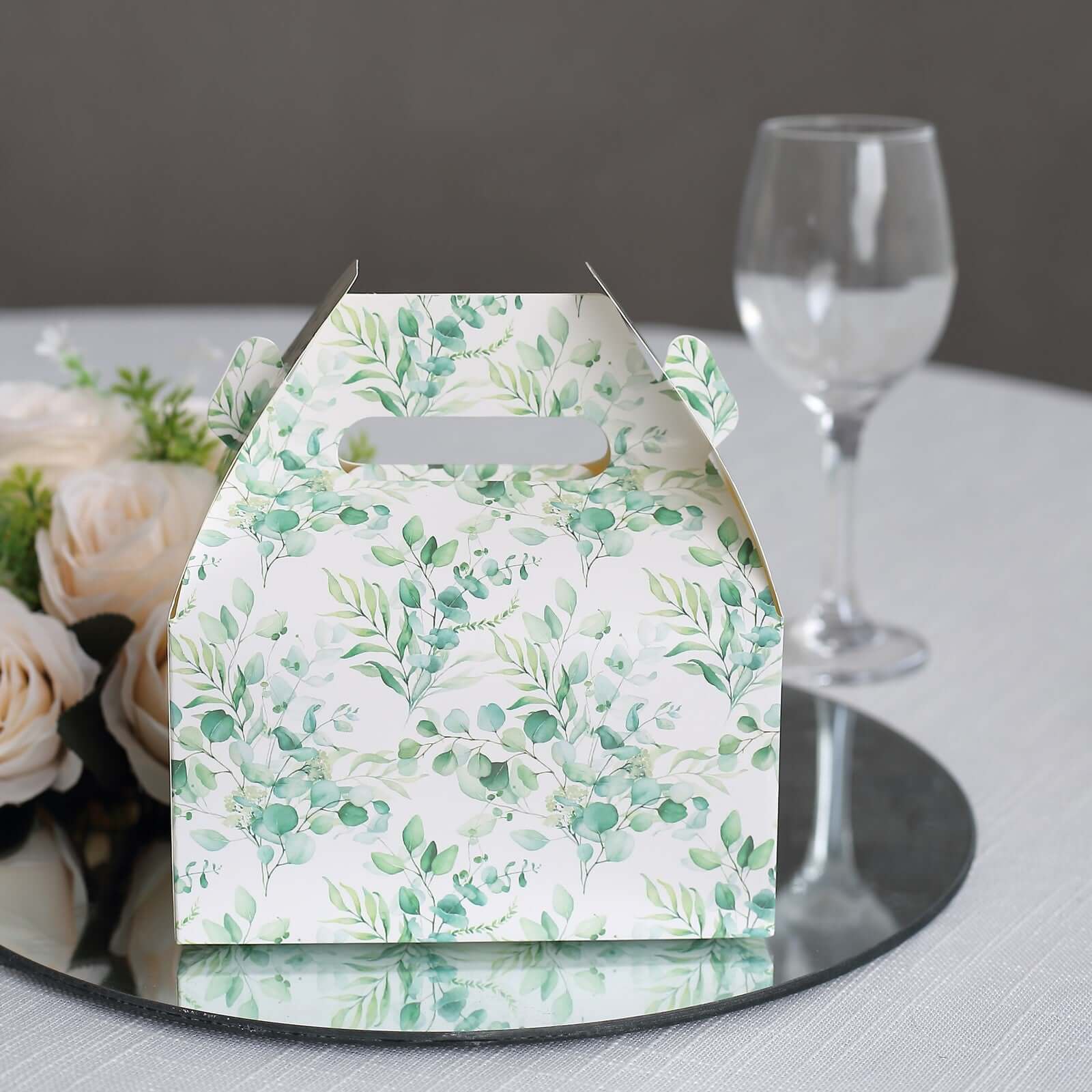 25 Pack White Green Candy Gift Tote Gable Boxes with Eucalyptus Leaves Print, Party Favor Treat Boxes - 6"x3.5"x7"