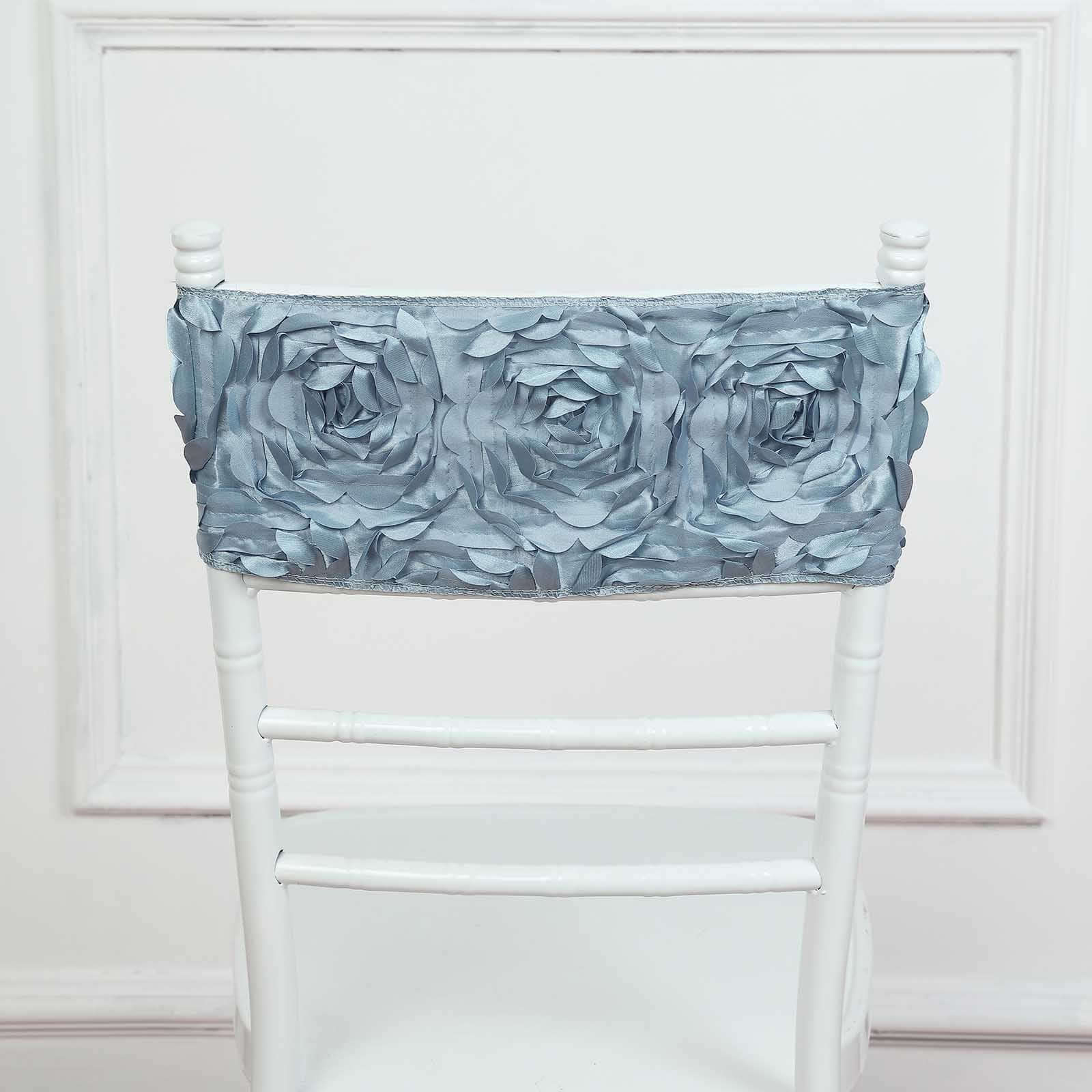 5 Pack Satin Spandex Chair Sashes Dusty Blue - Rosette Design Stretch Chair Bands 6"x14"