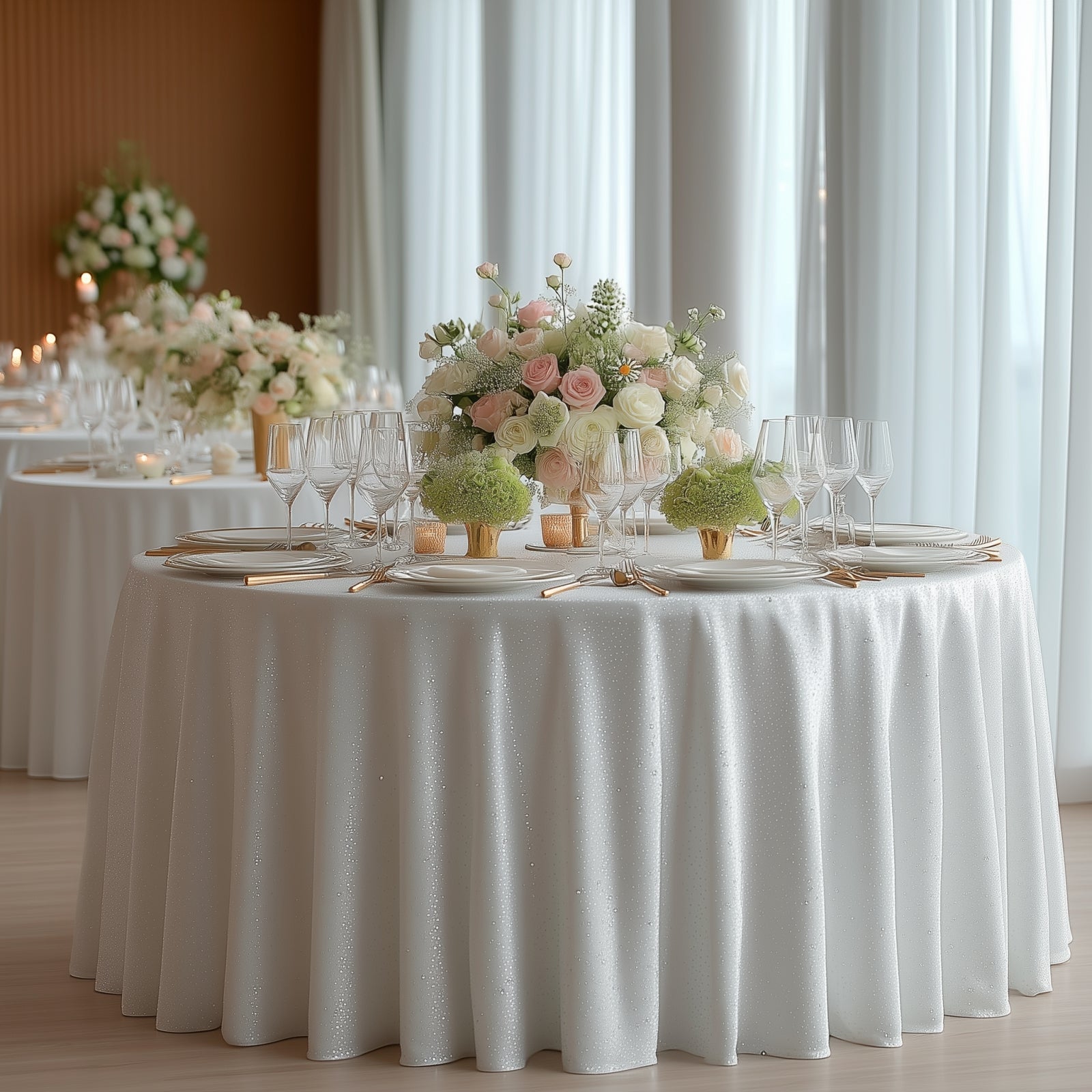 Scuba Round Tablecloth 132″ White with Rhinestone Accents – Seamless, Wrinkle-Free, Stain-Resistant Event Linen