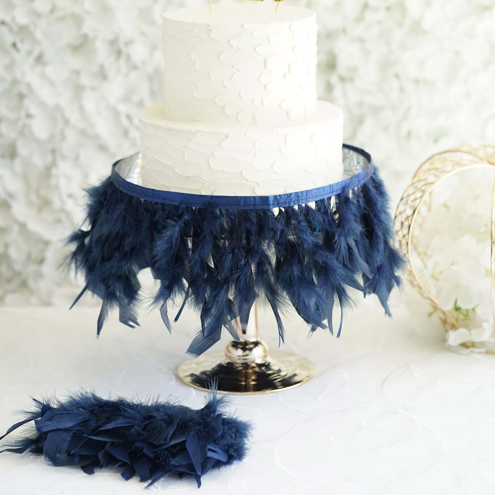 39" Navy Blue Real Turkey Feather Fringe Trim With Satin Ribbon Tape