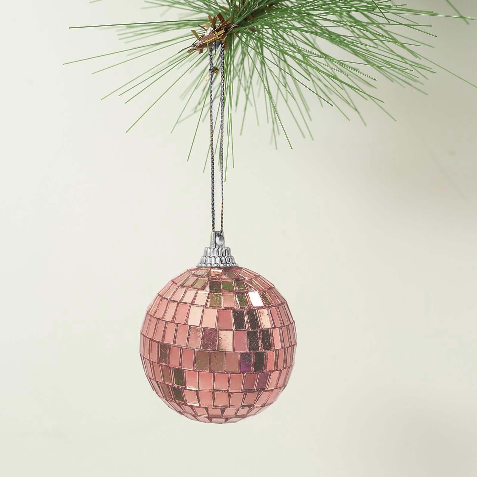 6 Pack 2" Rose Gold Foam Disco Mirror Ball With Hanging Strings, Holiday Christmas Ornaments