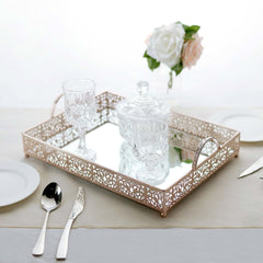 Metal Mirrored Rectangle Serving Tray 16"x12" in Rose Gold Fleur De Lis Design with Handles, French Inspired Decorative Vanity Tray Centerpiece