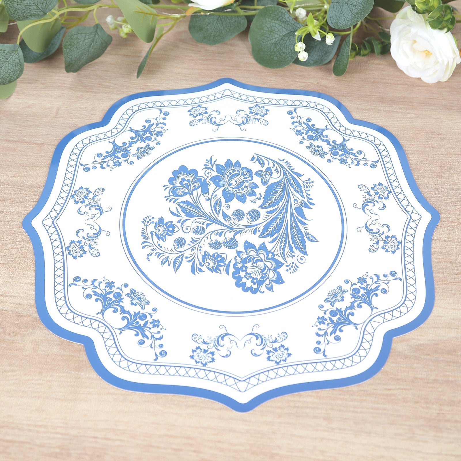 10 Pack Cardboard Paper Table Mats with White Royal Blue Damask Floral Pattern, 13" Round Disposable Placemats with Scalloped Rim - 400 GSM