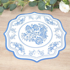 10 Pack Cardboard Paper Table Mats with White Royal Blue Damask Floral Pattern, 13" Round Disposable Placemats with Scalloped Rim - 400 GSM