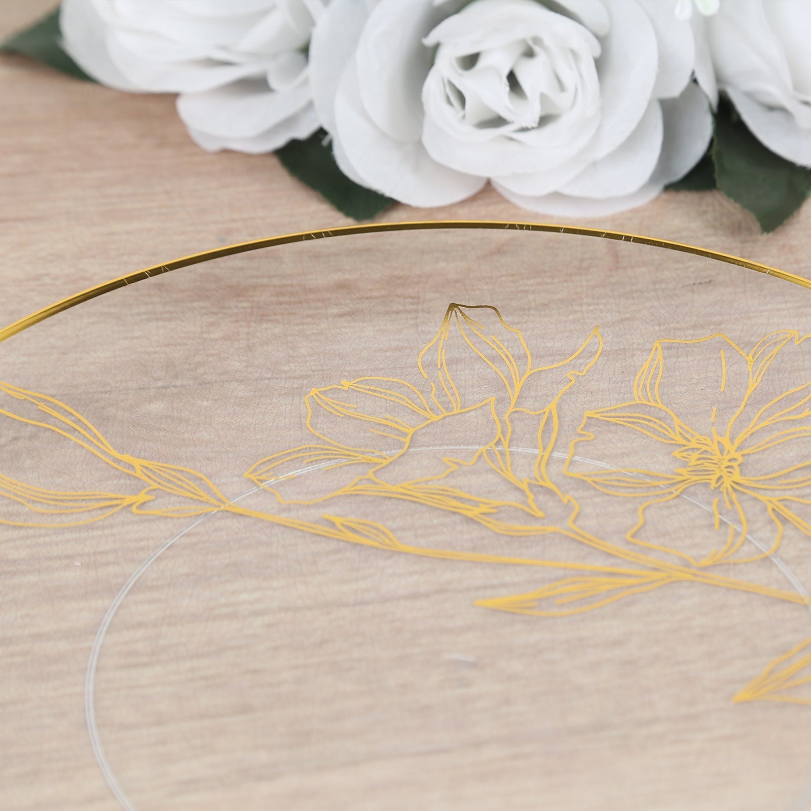Set of 20 Plastic Round Dinner and Dessert Plates in Clear with Metallic Gold Floral Design - Stylish Disposable Dinnerware 8", 10"