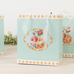 12-Pack Favor Bags Vintage Rose Floral Tea Party, Turquoise Paper Goodie Gift Bags with Ribbon Handles, 6"x7"x3"
