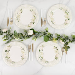 25-Pack Paper 10" Round Dinner Plates in White with Sage Green Floral Print & Lined Rim - Disposable Party Plates for Bridal Showers & Luncheons