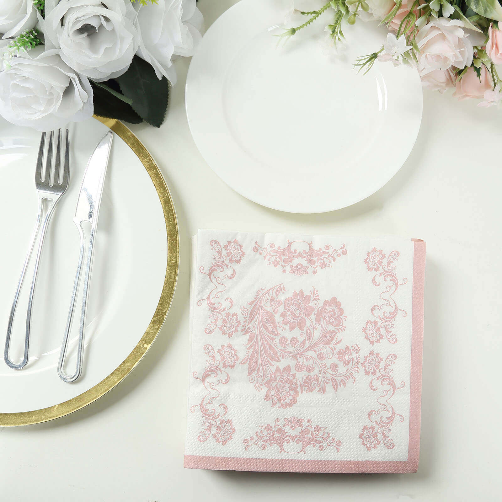 50 Pack 2-Ply Paper Beverage Napkins in White Matte Pink Damask Floral Pattern, Disposable Cocktail Napkins - Highly Absorbent & Soft