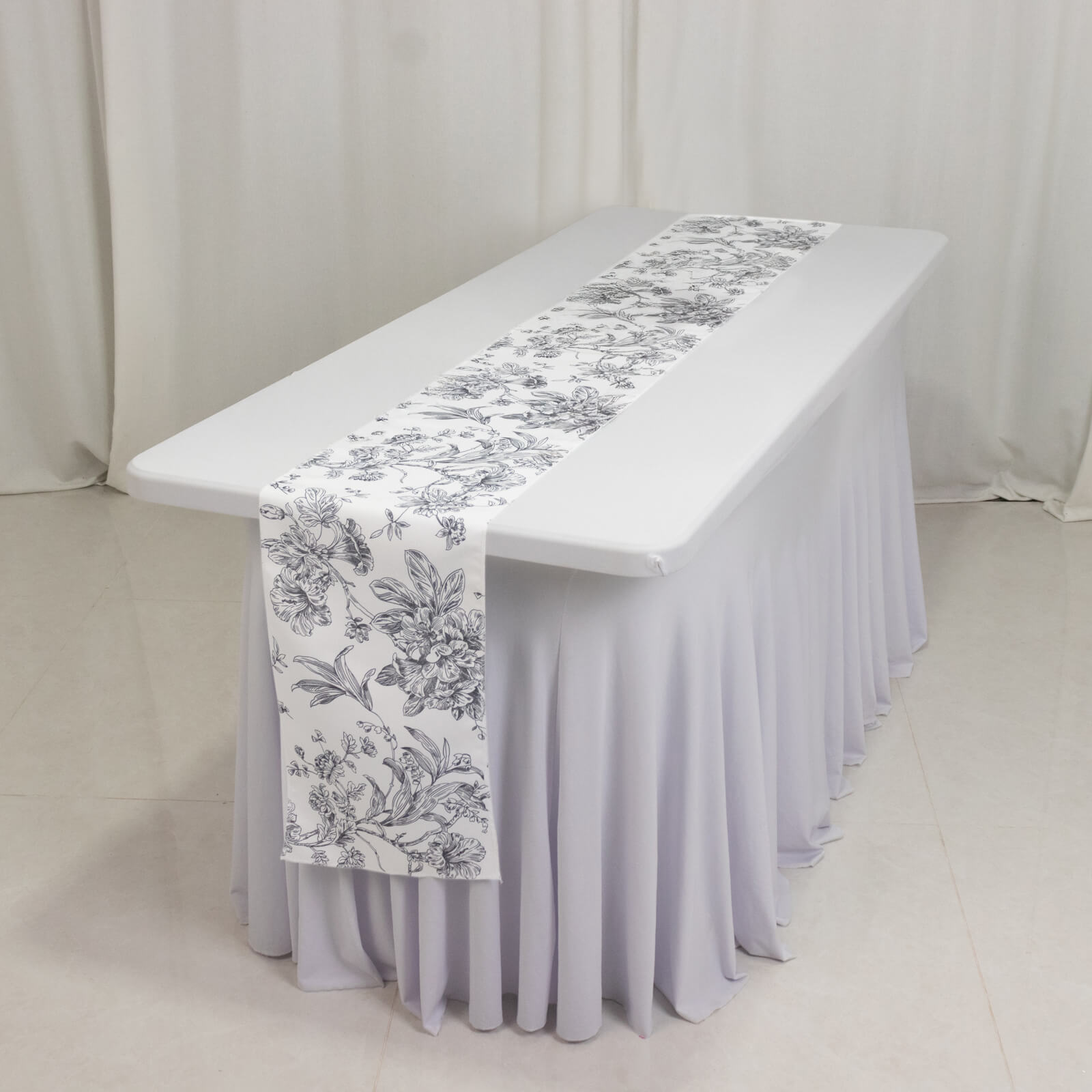 Polyester Table Runner 12"x108" White with Black French Toile Floral Print Reusable Table Décor