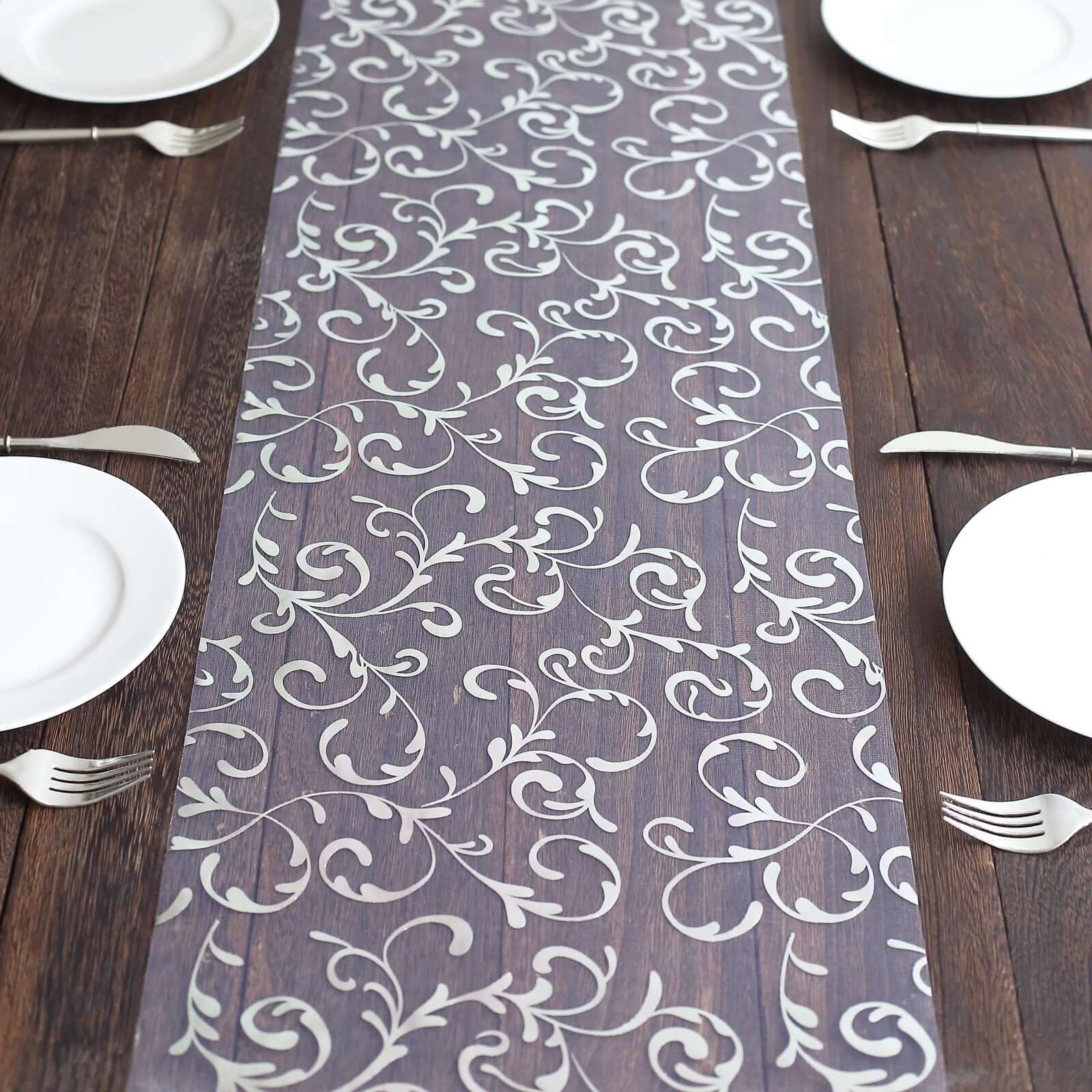 Sheer Organza 12"x108" Table Runner Roll Metallic Silver Foil Embossed Floral Design - Stylish Event Decoration