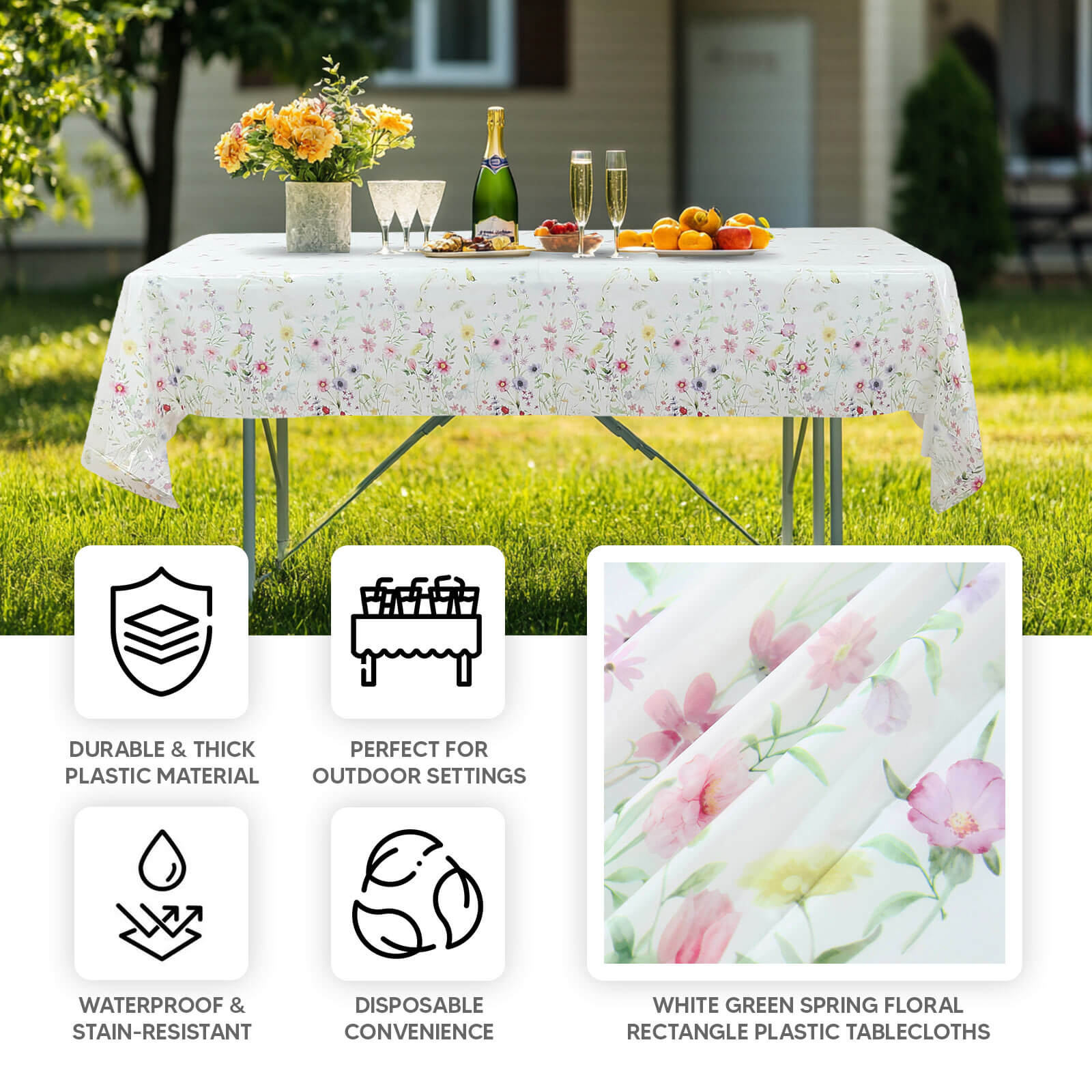 5-Pack Plastic Tablecloths White/Green Spring Floral Rectangle with Wild Flowers Butterfly Print - Durable PVC Disposable Table Covers 54"x108"