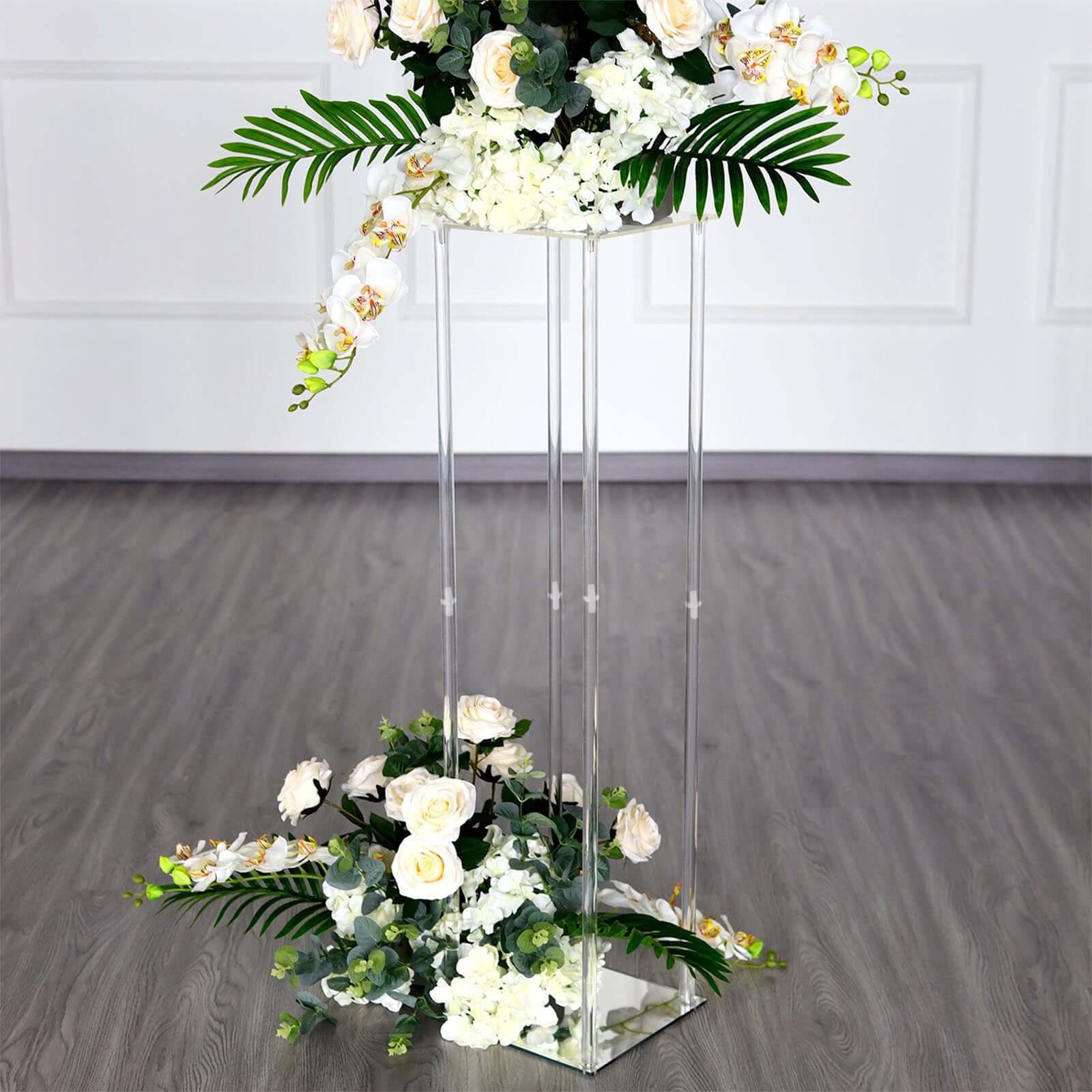 Acrylic Floor Vase Flower Stand with Square Mirror Base Clear - Durable Wedding Column Centerpiece for Events 40"
