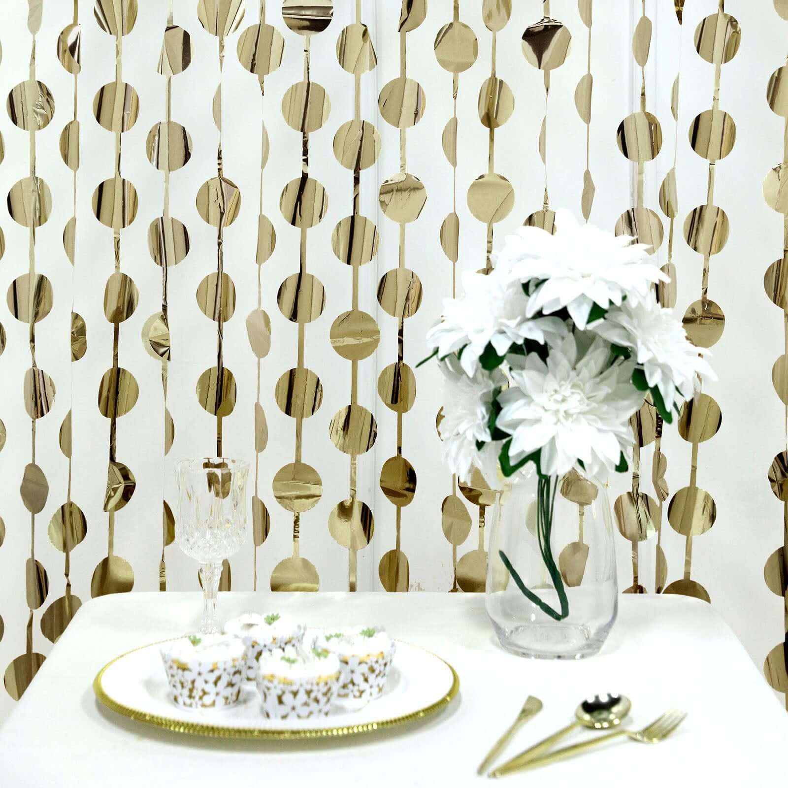 Champagne Round Chain Foil Fringe Curtain Party Backdrop, Metallic Champagne Tinsel Streamer Party Decor - Door Window Foil Curtain - 3ftx6.5ft