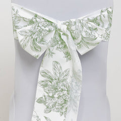 Polyester Chair Sashes White Dusty Sage Green French Toile Floral Design - Wrinkle-Resistant & Durable Chair Bows 6"x108"