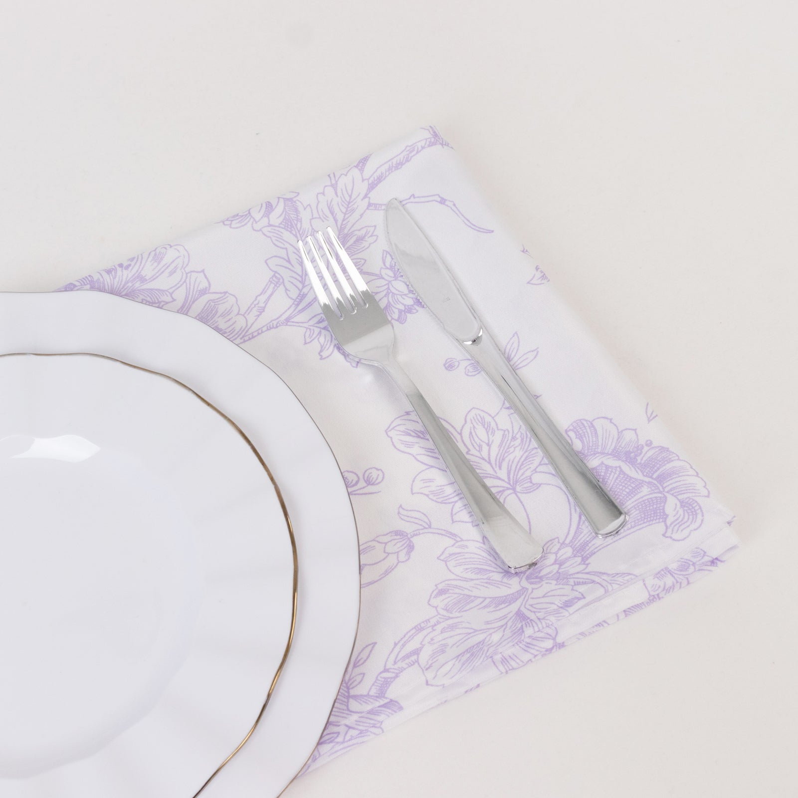 5 Pack Polyester 20"x20" Dinner Napkins White with Lavender Lilac French Toile Pattern - Reusable Floral Cloth Napkins