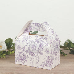25 Pack Candy Treat Tote Boxes in French Toile Pattern - Matte Lavender and White Party Favor Gable Boxes, Cardstock Paper - 6"x3.5"x7"