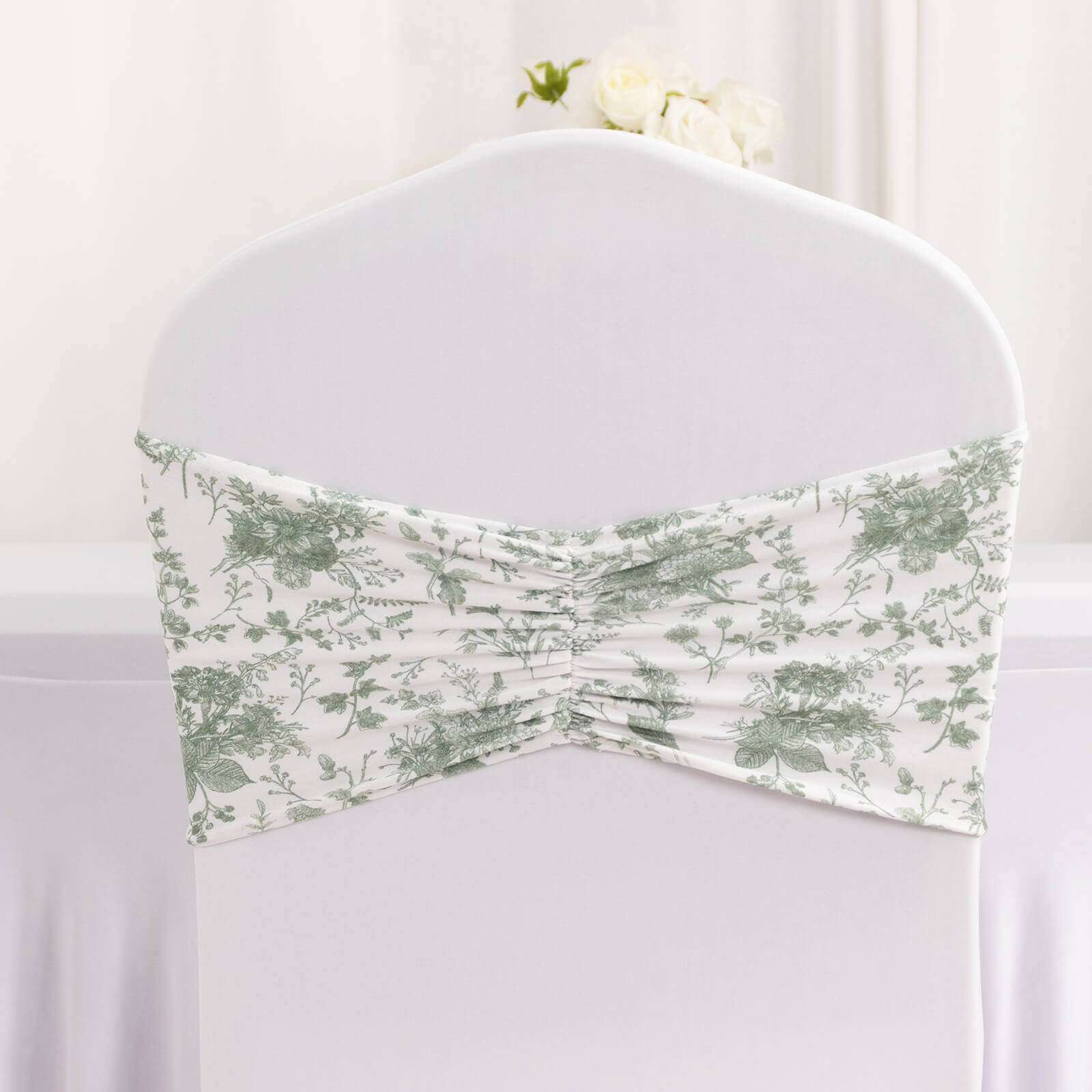 5 Pack Spandex Chair Sashes White/Dusty Sage Green French Toile Floral Pattern - Wide Wrinkle-Free Stretchable Chair Bands 8"x13"