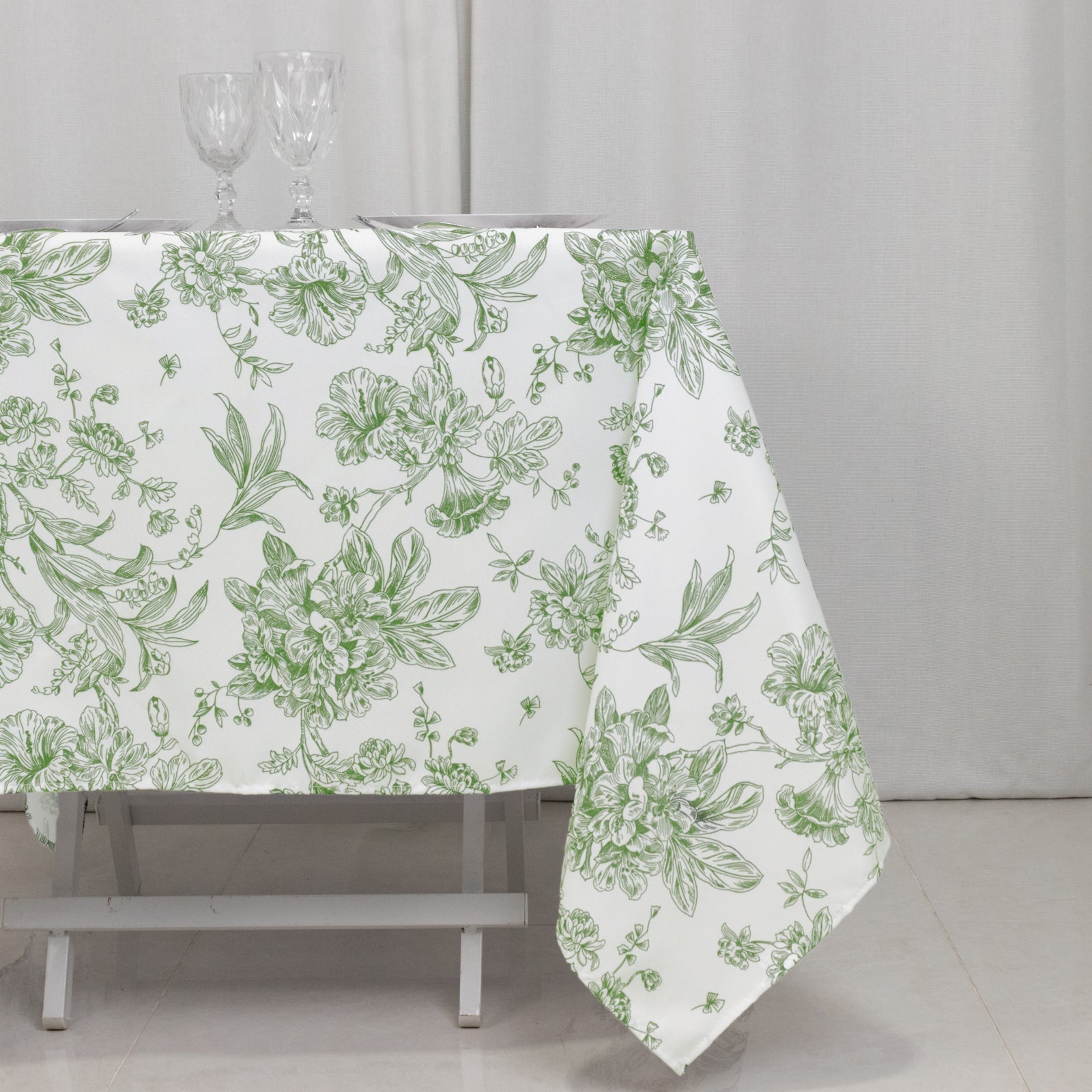 Polyester 70"x70" Square Tablecloth White - Dusty Sage Green French Toile Pattern for Elegant Occasions