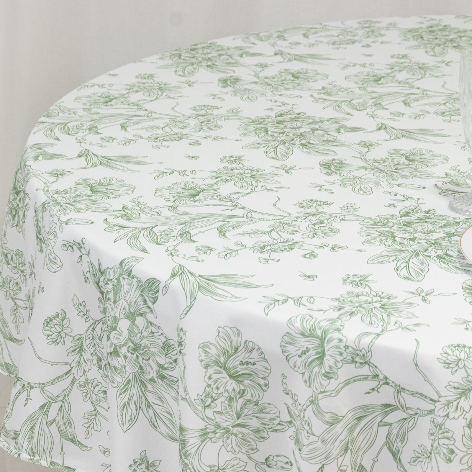 Polyester 90" Round Tablecloth White - Dusty Sage Green French Toile Pattern for Chic Weddings