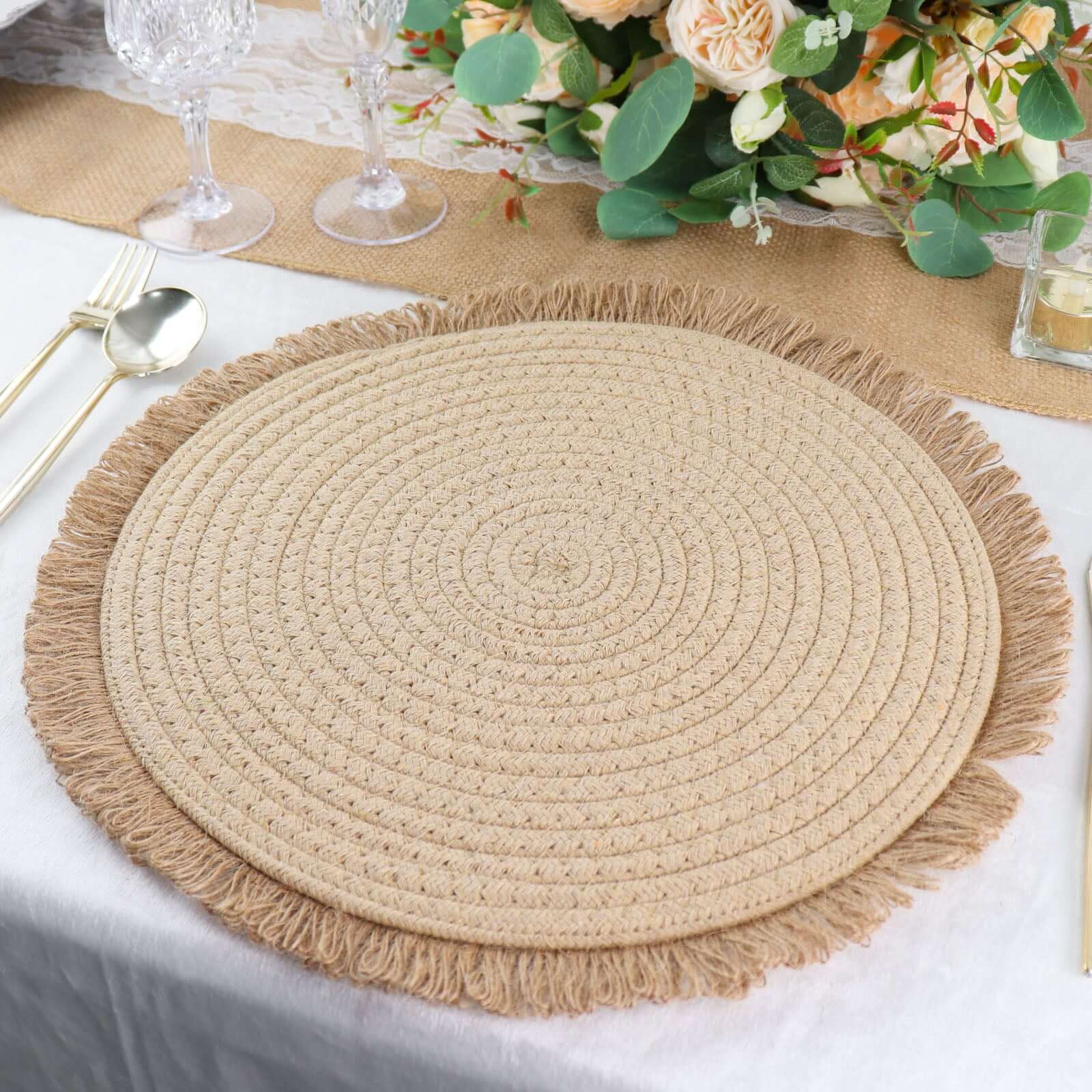 4-Pack Placemats Fringed Edge Design Natural Rustic Burlap Jute Round - Farmhouse Style Table Mats with Trim 15"