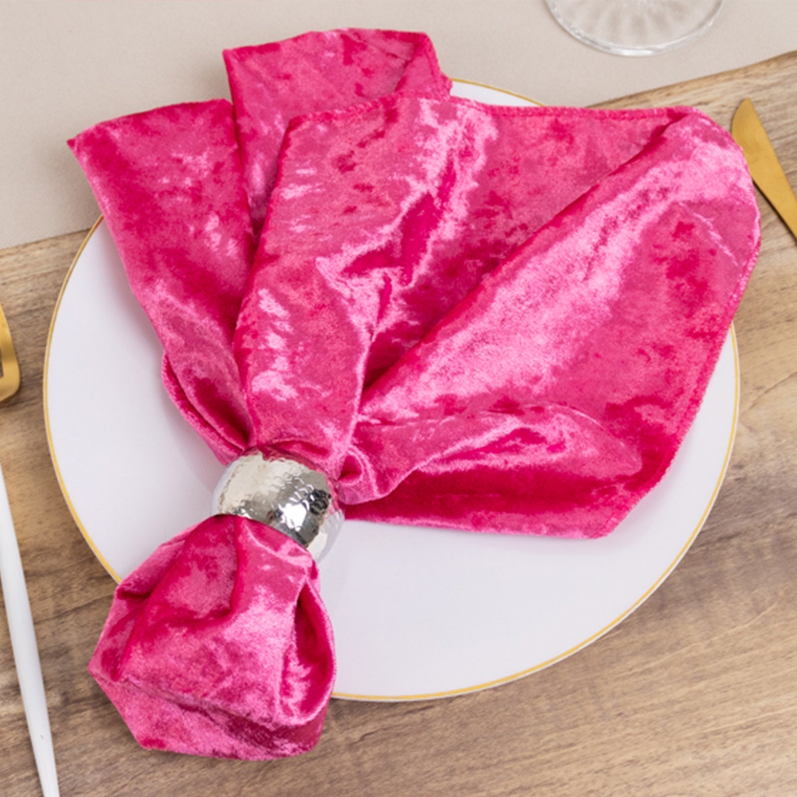 5 Pack Premium Crushed Velvet 20"x20" Napkins Fuchsia - Rich & Textured Finish Dinner Napkins