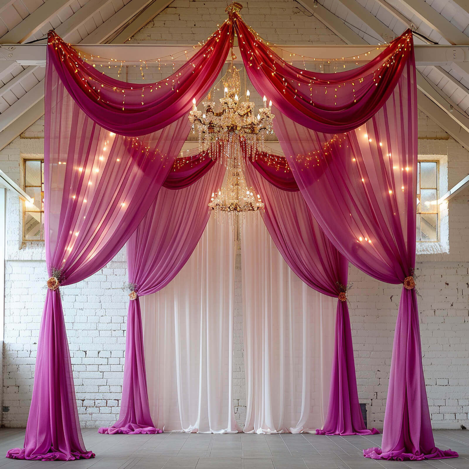 5ftx32ft Fuchsia Chiffon Curtain Panel, Durable Flame Resistant Backdrop Ceiling Drapery With Rod Pocket