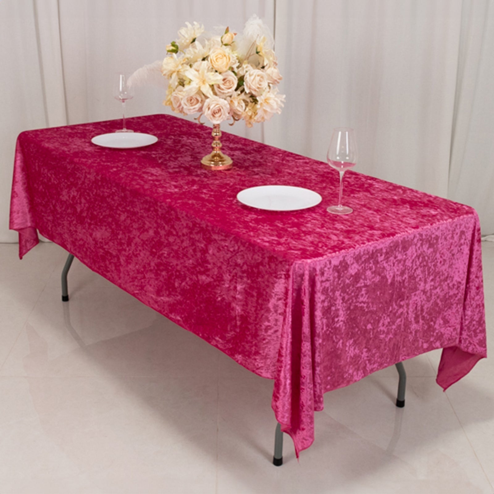 Premium Crushed Velvet 60"x102" Rectangle Tablecloth Fuchsia - Reusable Soft Table Cover