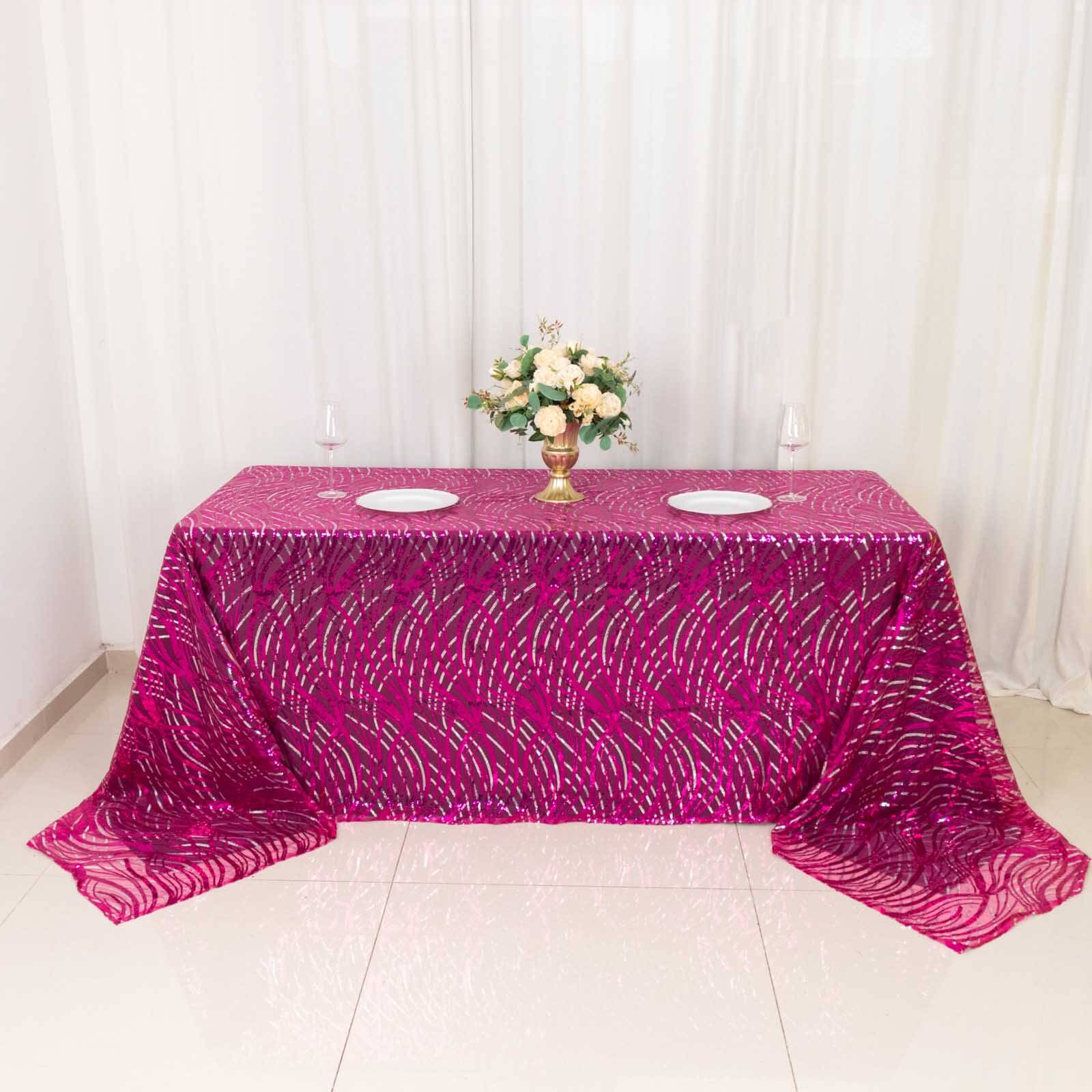 Mesh 90"x156" Rectangle Tablecloth Fuchsia/Silver - Wave Sequin Embroidered Table Cover