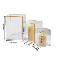 Set of 3 Candle Holders Acrylic Flower Display Boxes with Gold Rims Clear - Decorative Pillar Centerpieces 6", 8", 10"