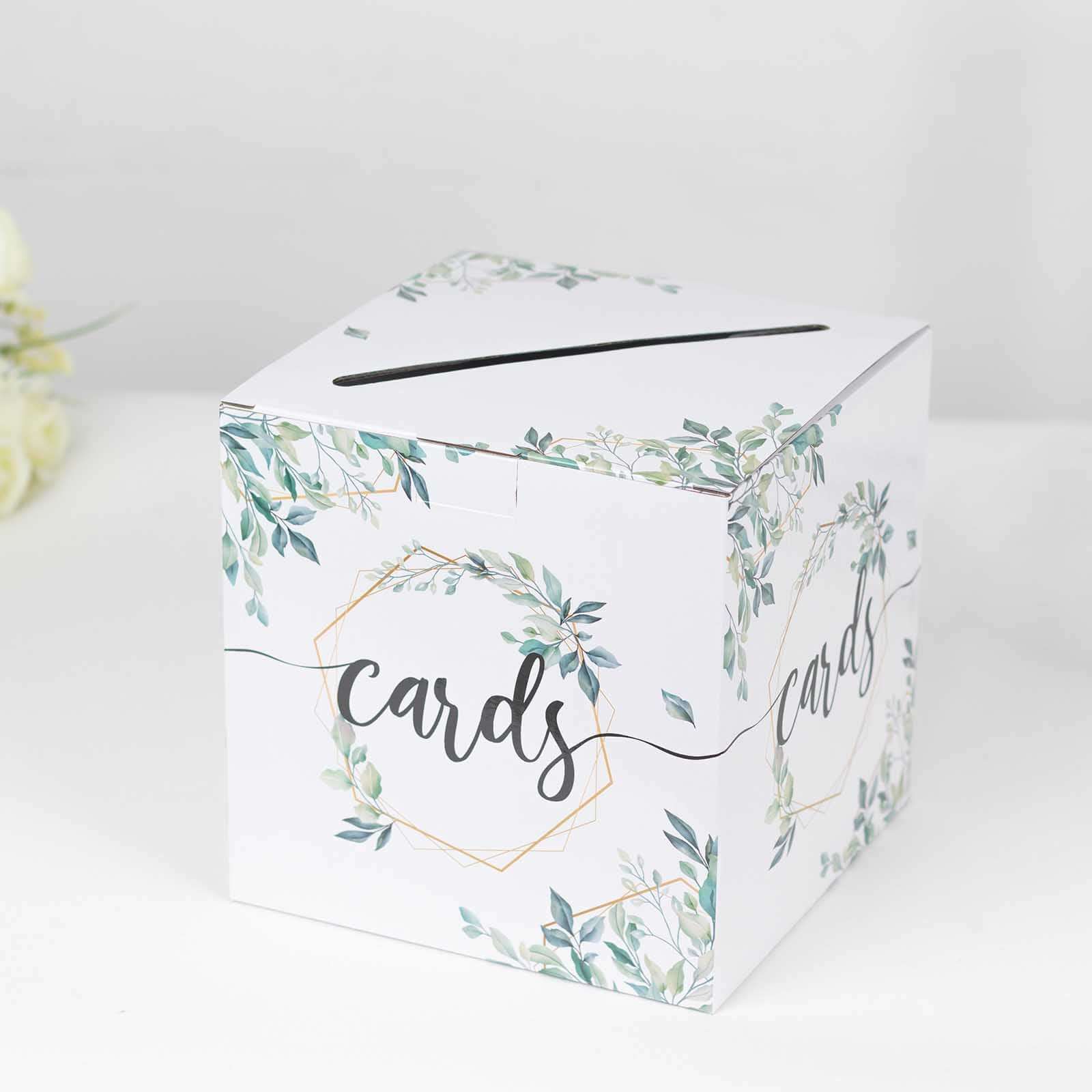 Greenery Theme Wedding Reception Gift Card Box with Geometric Gold Foil Print, Collapsible Money Card Box - 8"x8"
