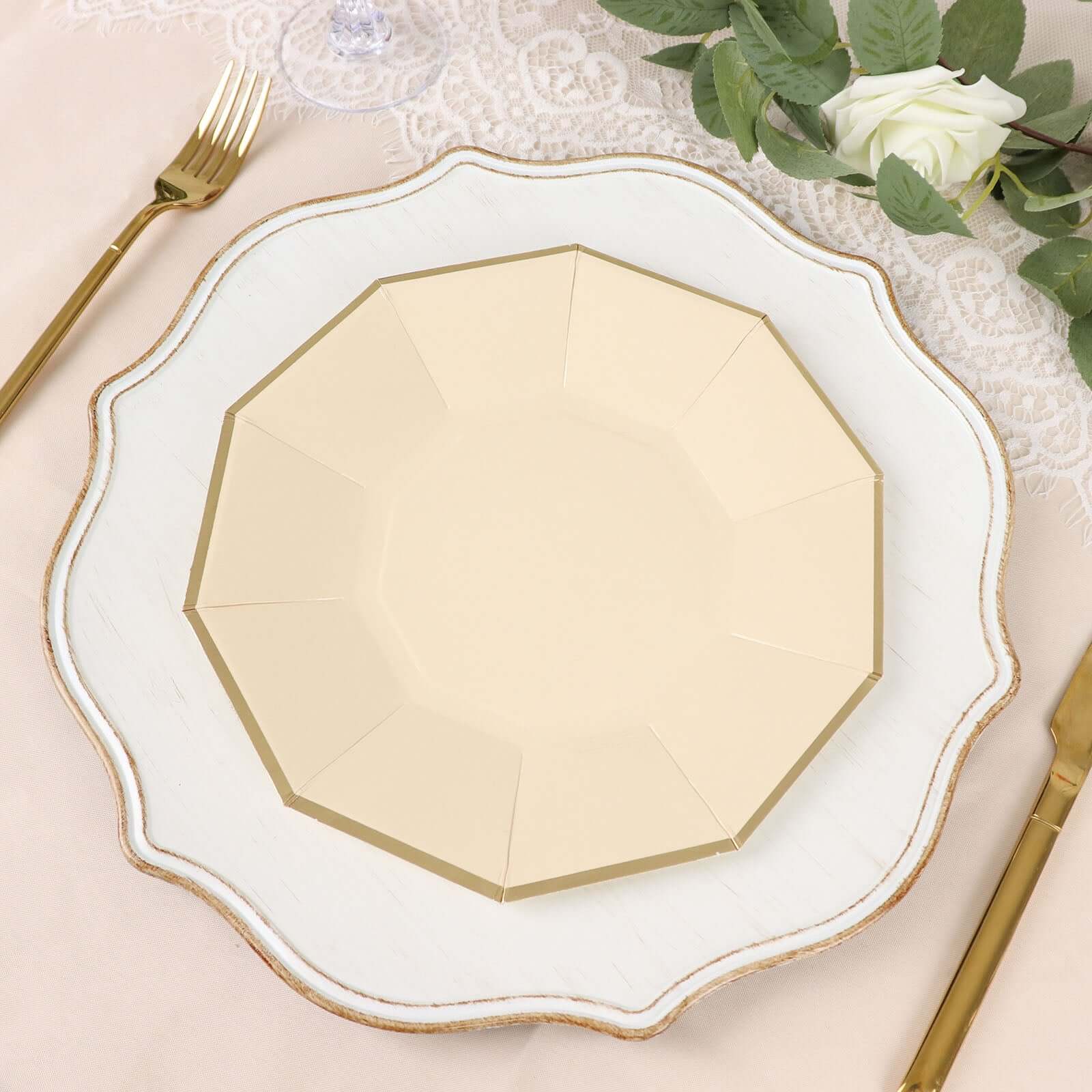 25-Pack Paper 9" Decagon Dinner Plates in Beige with Gold Foil Rim - Disposable Geometric Party Plates for Modern Weddings & Events