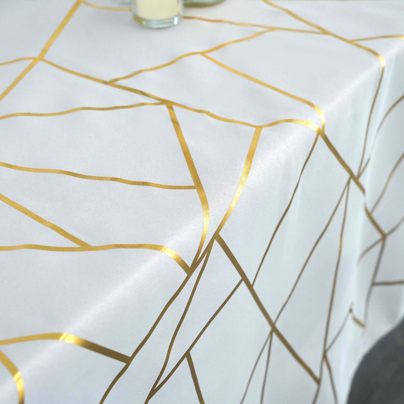 Polyester 60"x102" Rectangle Tablecloth White with Gold Foil Geometric Pattern - Wrinkle-Resistant and Durable Table Cover for Weddings & Events
