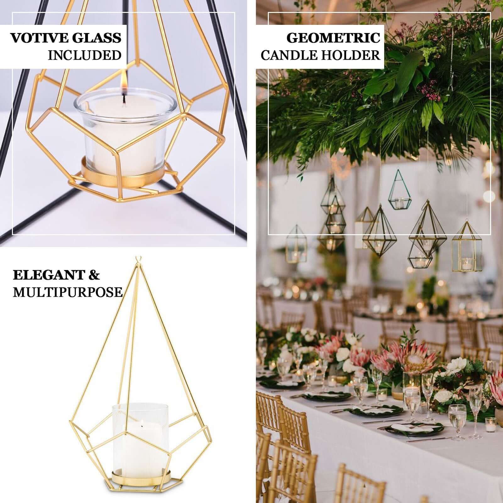 Set of Metal Candle Holders Linked Geometric Design Rose Gold - Modern Votive Glass Decor for Tables & Gatherings 16"