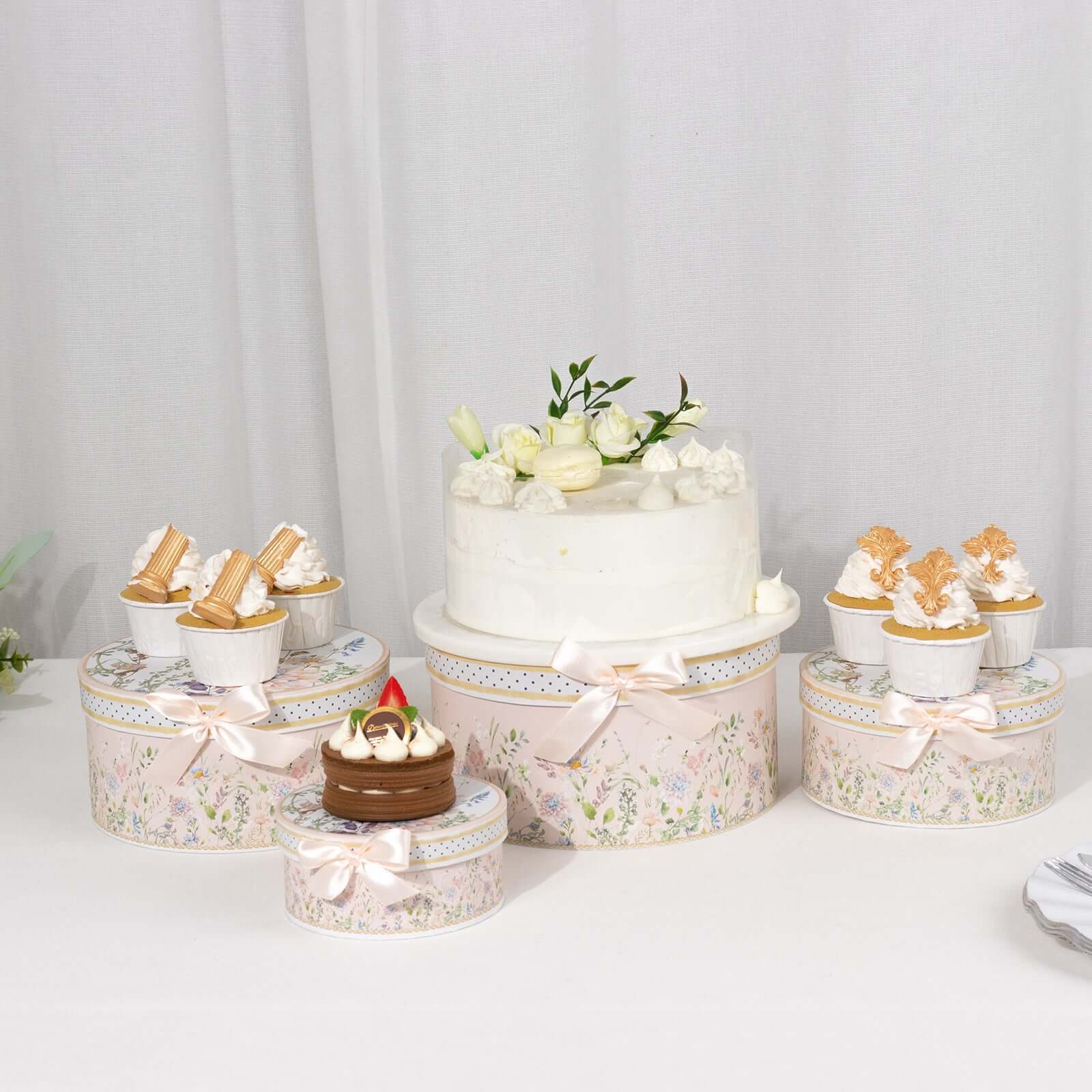 Set of 4 Cardstock Round Nesting Gift Boxes Blush Floral Design - Decorative Heavy Duty Stackable Keepsake Boxes With Lids for Presents Storage & Pedestal Stand 5",7",8",9"