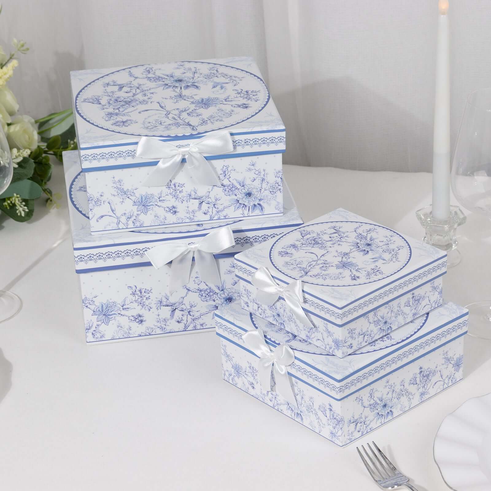 Set of 4 Cardstock Square Nesting Gift Boxes White Blue French Toile Design - Decorative Heavy Duty Stackable Keepsake Boxes With Lids for Presents Storage & Pedestal Stand 6",7",8",9"