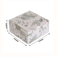 25 Pack White Sage Green Paper Favor Boxes in French Toile Pattern, Cardstock Party Shower Candy Gift Boxes - 4"x4"x2"