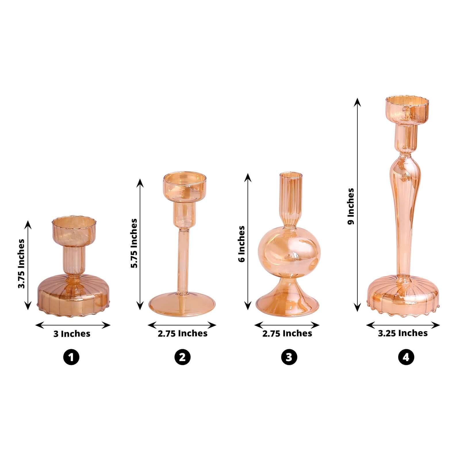 Set of 4 Glass Taper Votive Candle Holders Lined Crystal Design Assorted Amber Gold - Tea Light Stand Set 4", 5.5", 6", 9"