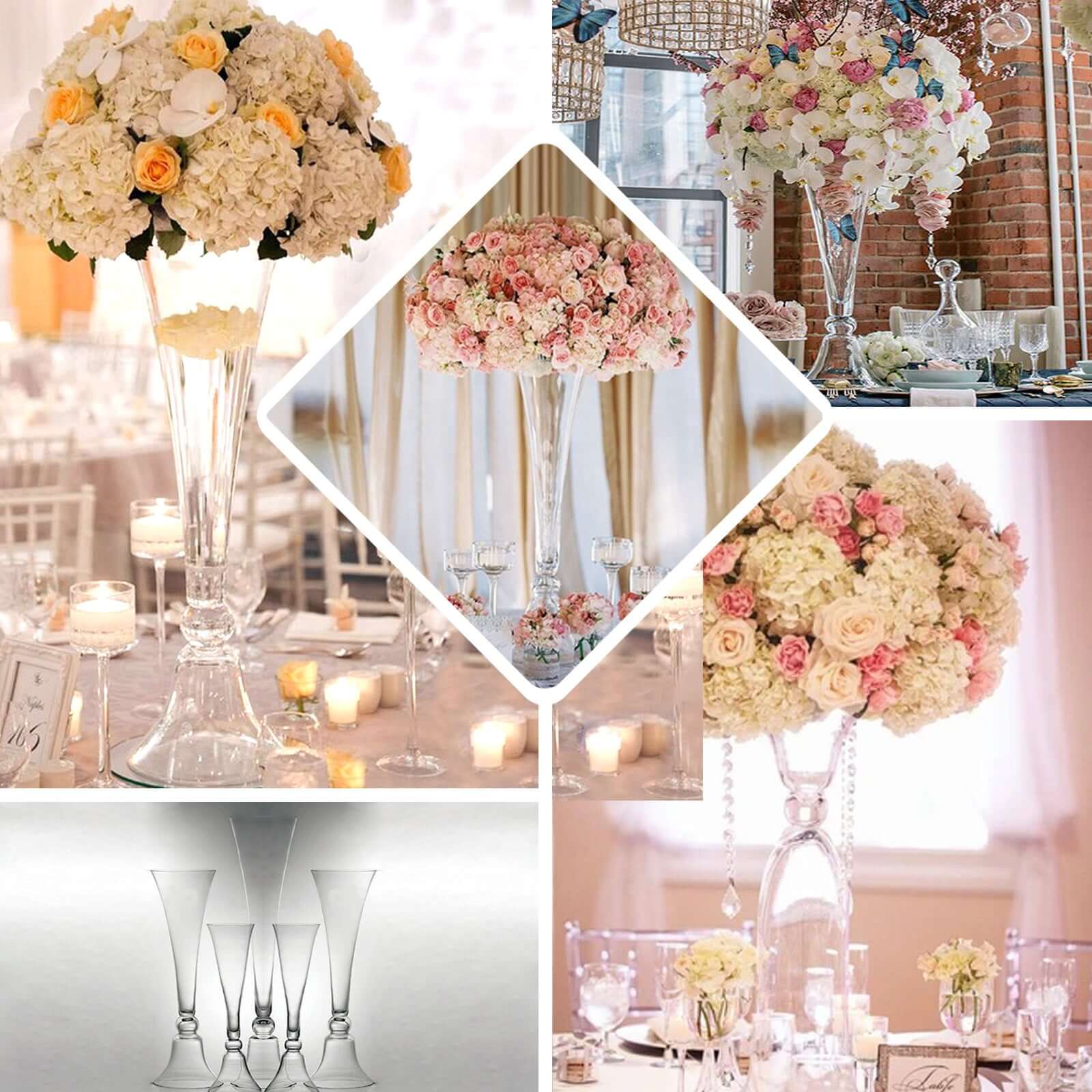 Set of 2 Glass Trumpet Vases Reversible Clarinet Style Clear - Decorative Flower Centerpieces for Events 30"