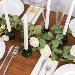 Set of 6 Glass Taper Candle Holders Ribbed Crystal Design Hunter Emerald Green - Reversible Mini Votive Tealight Stands 3"