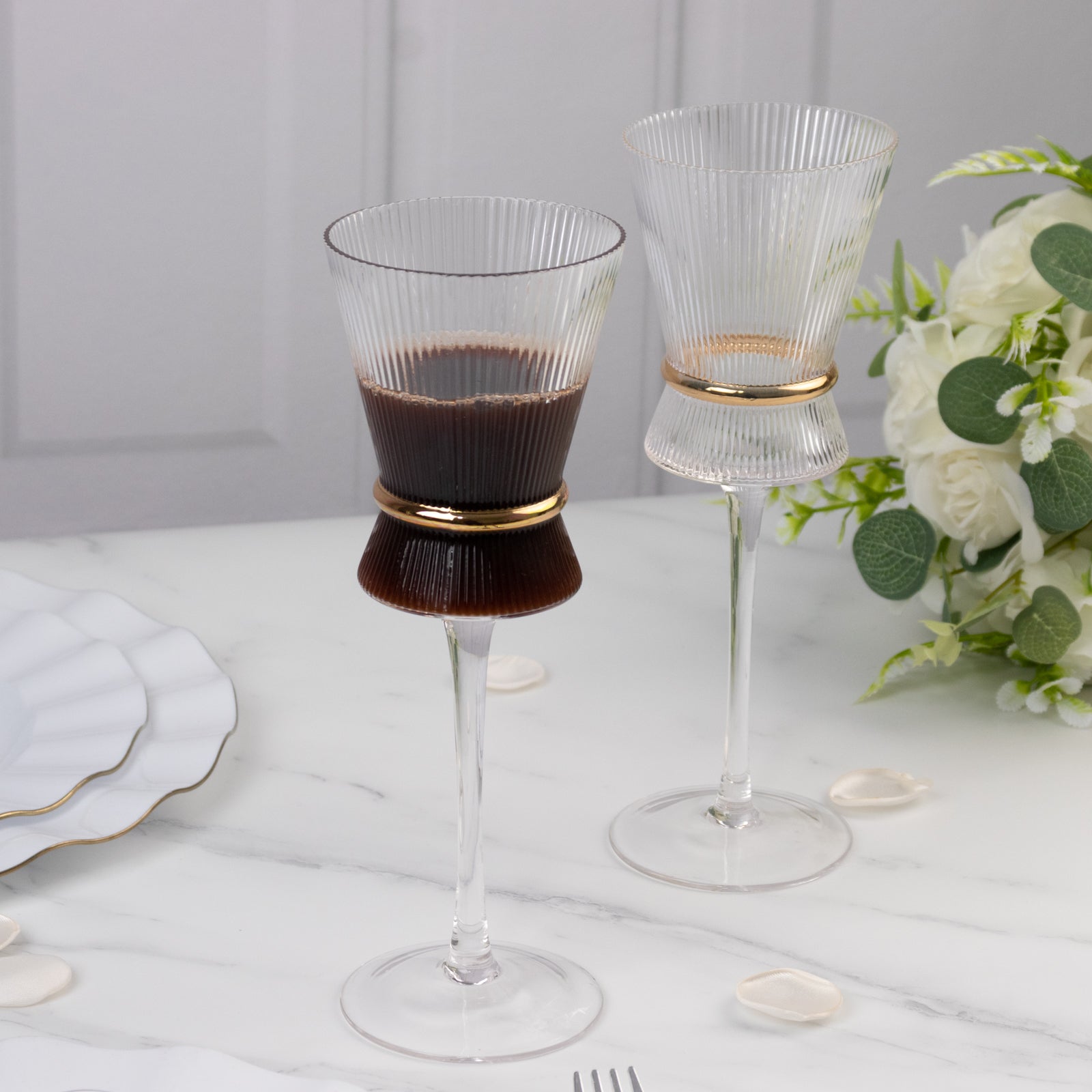 6-Pack Clear Wine Glasses – 9oz Real Glass, Ribbed Design with Gold Ring Accent, Elegant Glassware for Celebrations – 9" Tall