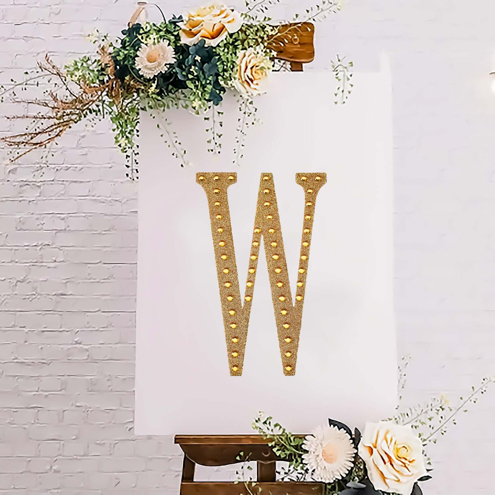 Decorative Rhinestone Alphabet "W" Letter Stickers, Glitter Adhesive Craft Letters Gold DIY Sparkle Embellishments 8"