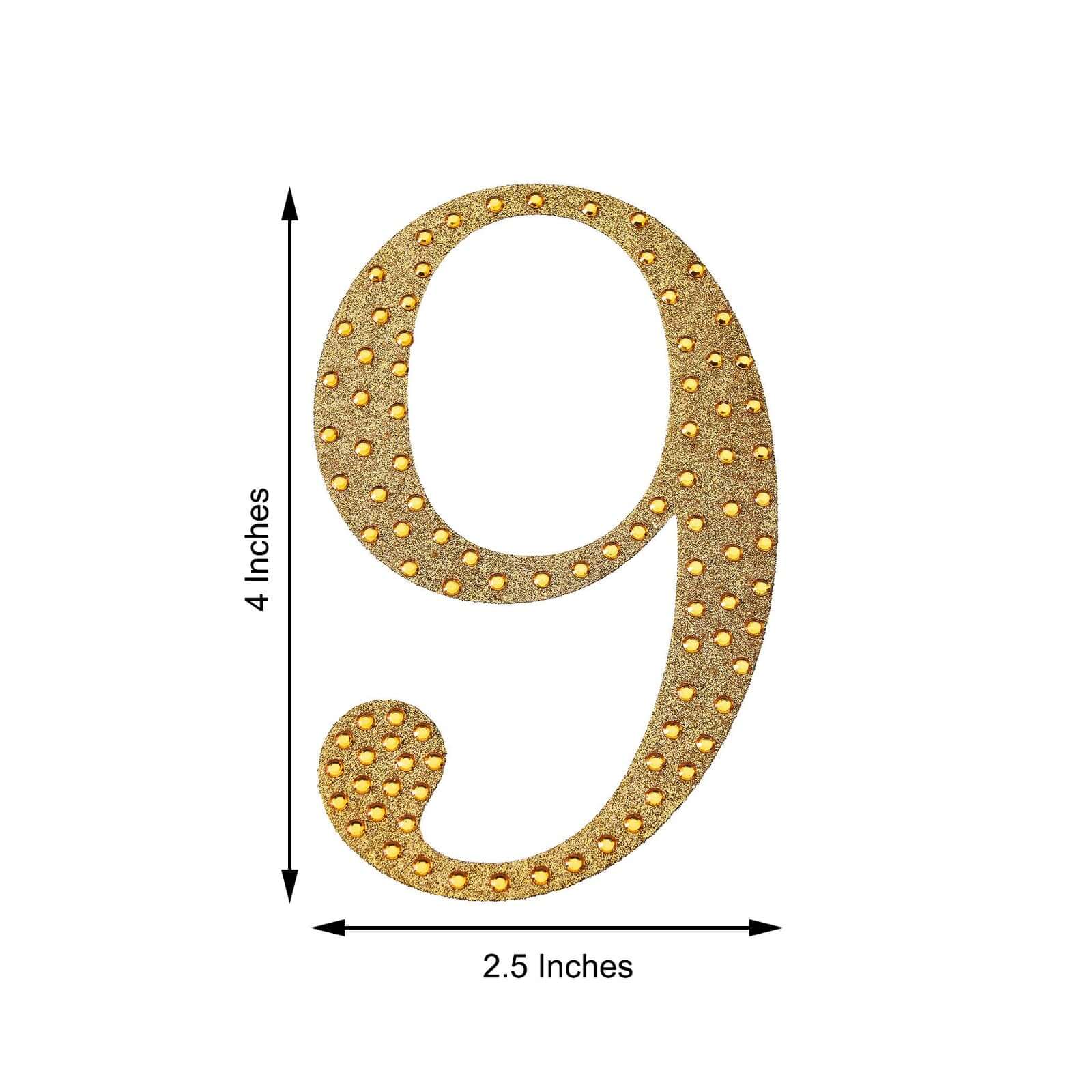 Decorative Rhinestone Number "9" Stickers, Glitter Adhesive Craft Numbers Gold DIY Sparkle Embellishments 4"