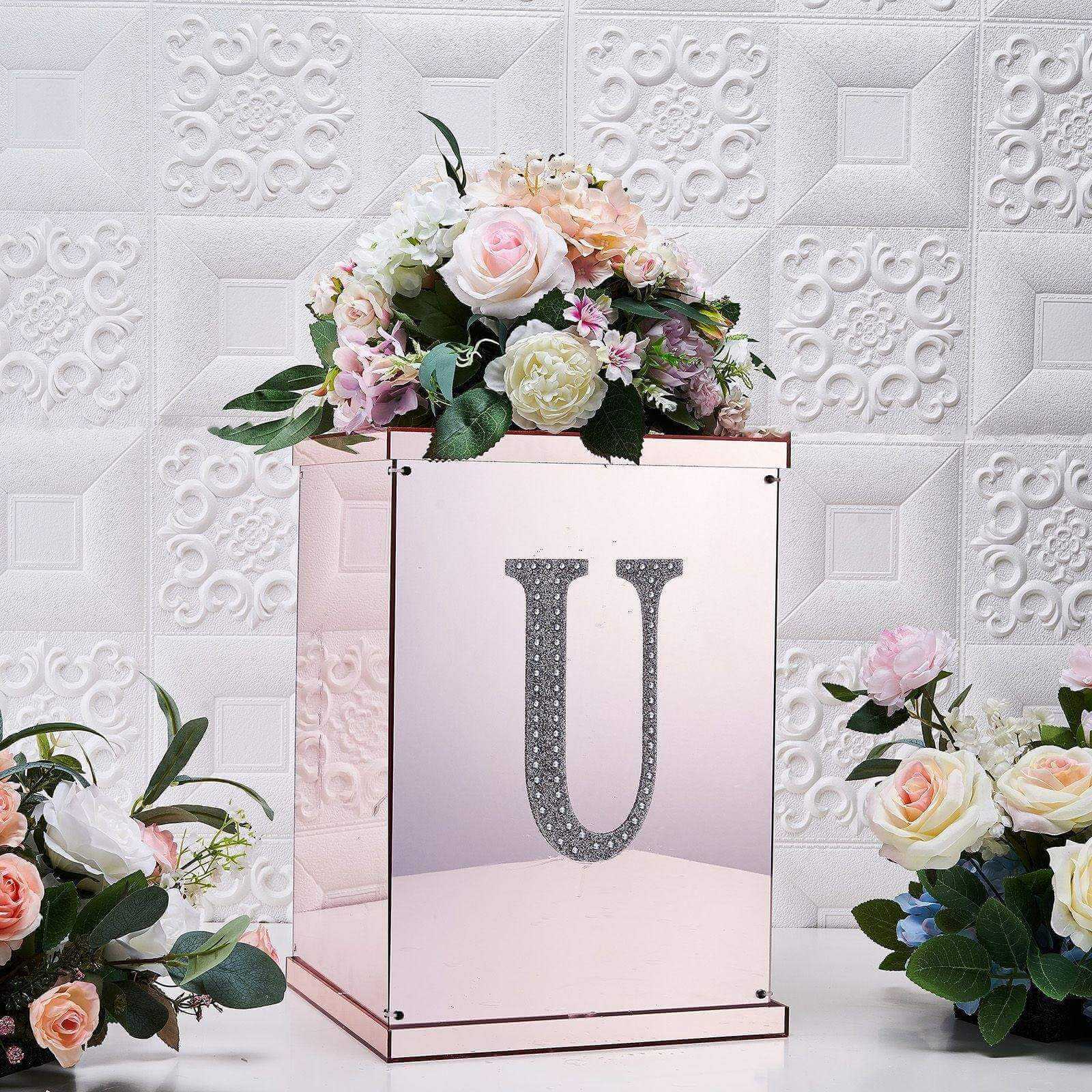Decorative Rhinestone Alphabet "U" Letter Stickers, Glitter Adhesive Craft Letters Silver DIY Sparkle Embellishments 8"