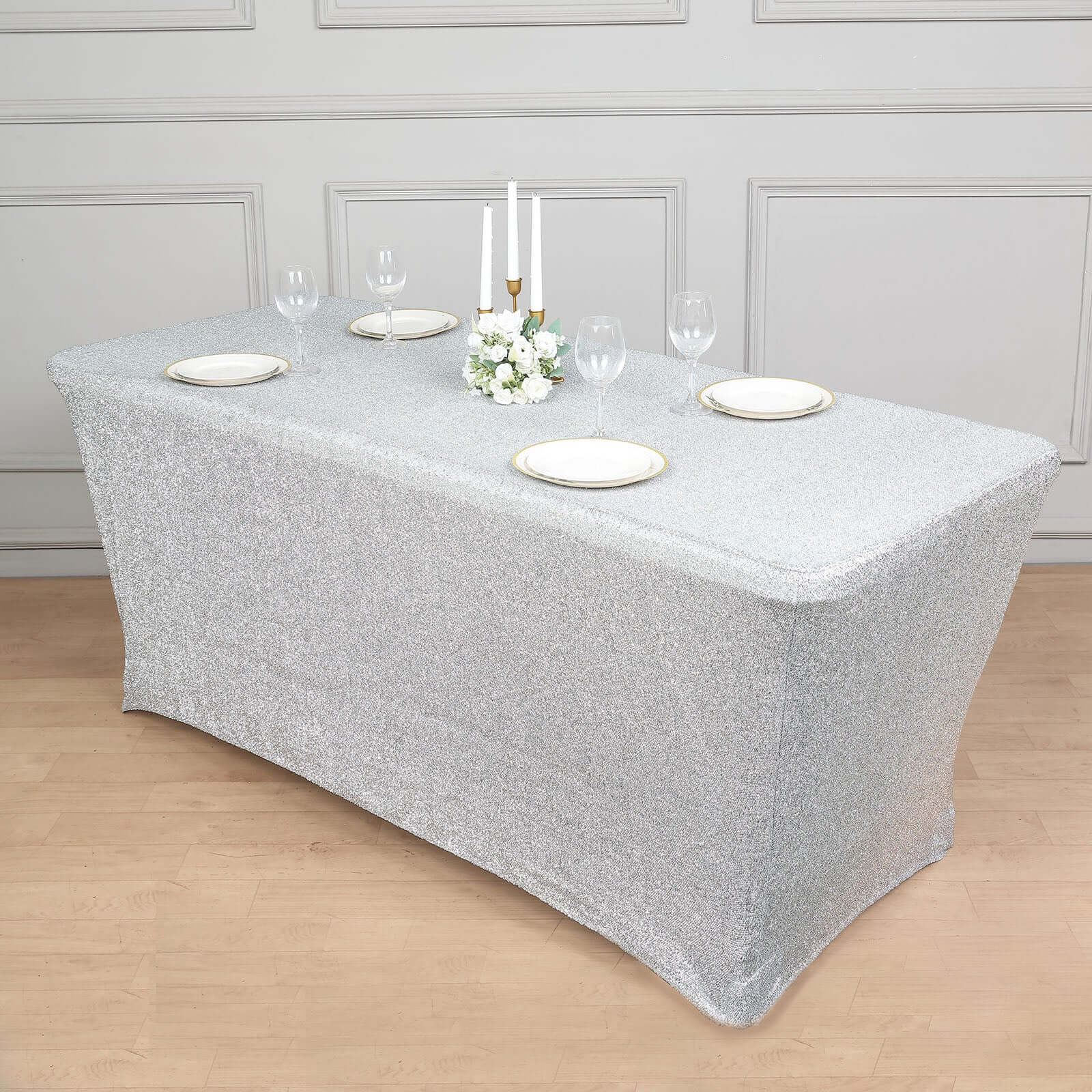 Shimmer Tinsel Spandex 72"x30" Rectangle Tablecloth Metallic Silver Glittered Shiny Stretch Table Cover