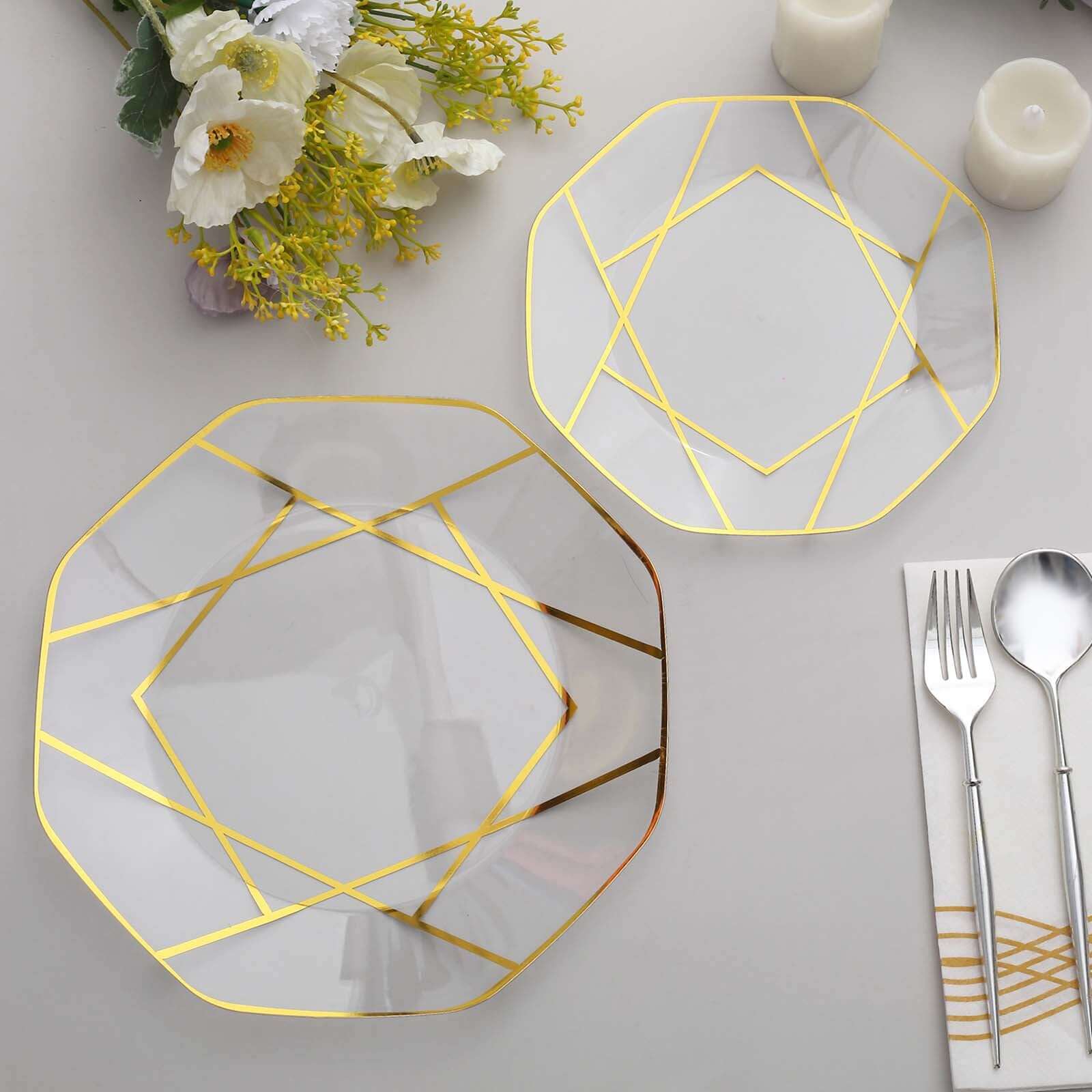 10-Pack Plastic 10" Octagon Dinner Plates in Clear - Modern Disposable Party Plates with Gold Geometric Design for Special Occasions & Celebrations