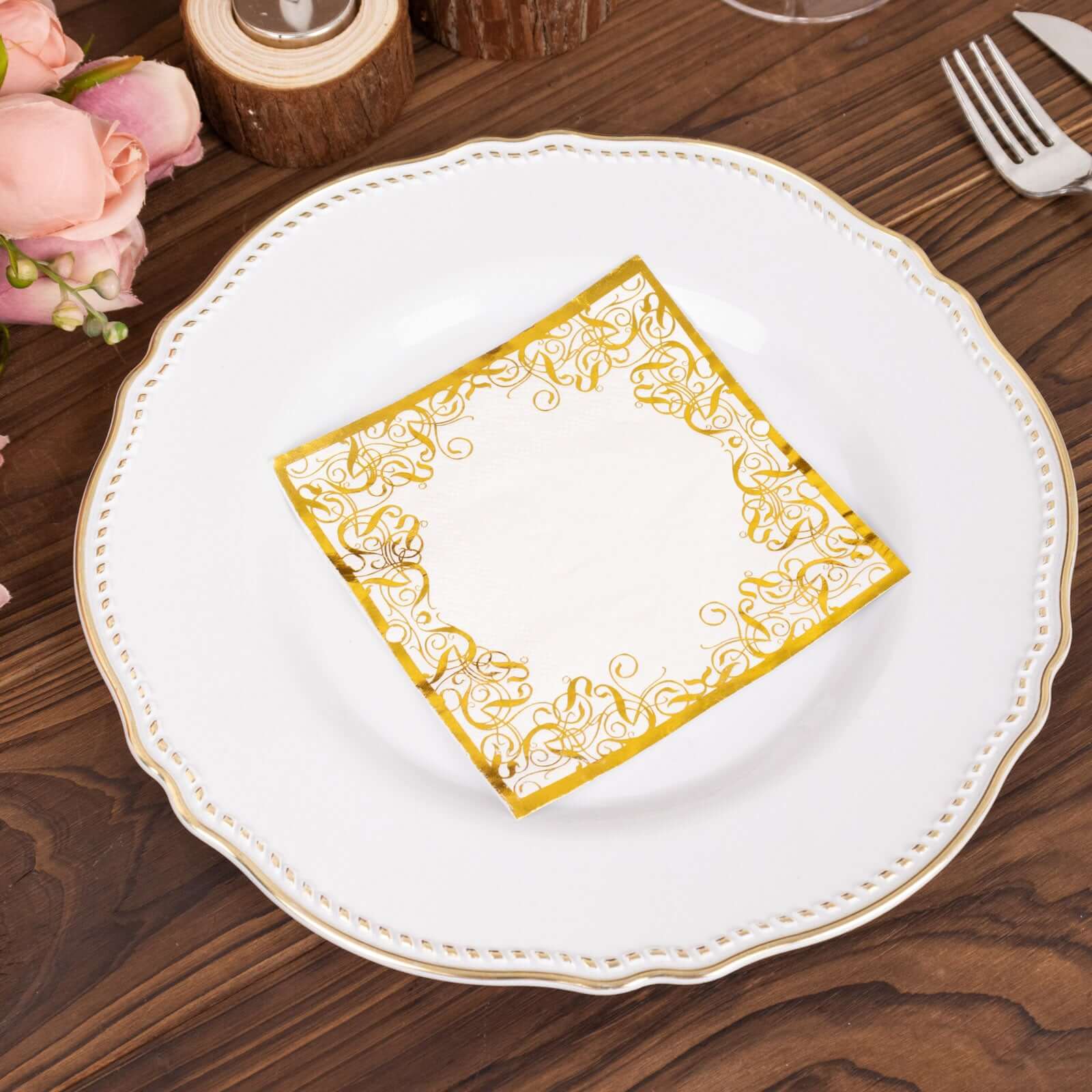 20-Pack Paper Beverage Napkins with Gold Foil Lace Design White - 3 Ply Disposable 18GSM European Style Cocktail Napkins 5"x5"