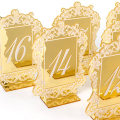 Gold Mirror Arch Acrylic Table Numbers (11-20) - 5"x7" Wedding Reception Signs with Baroque Lace Border, White Print & Stands