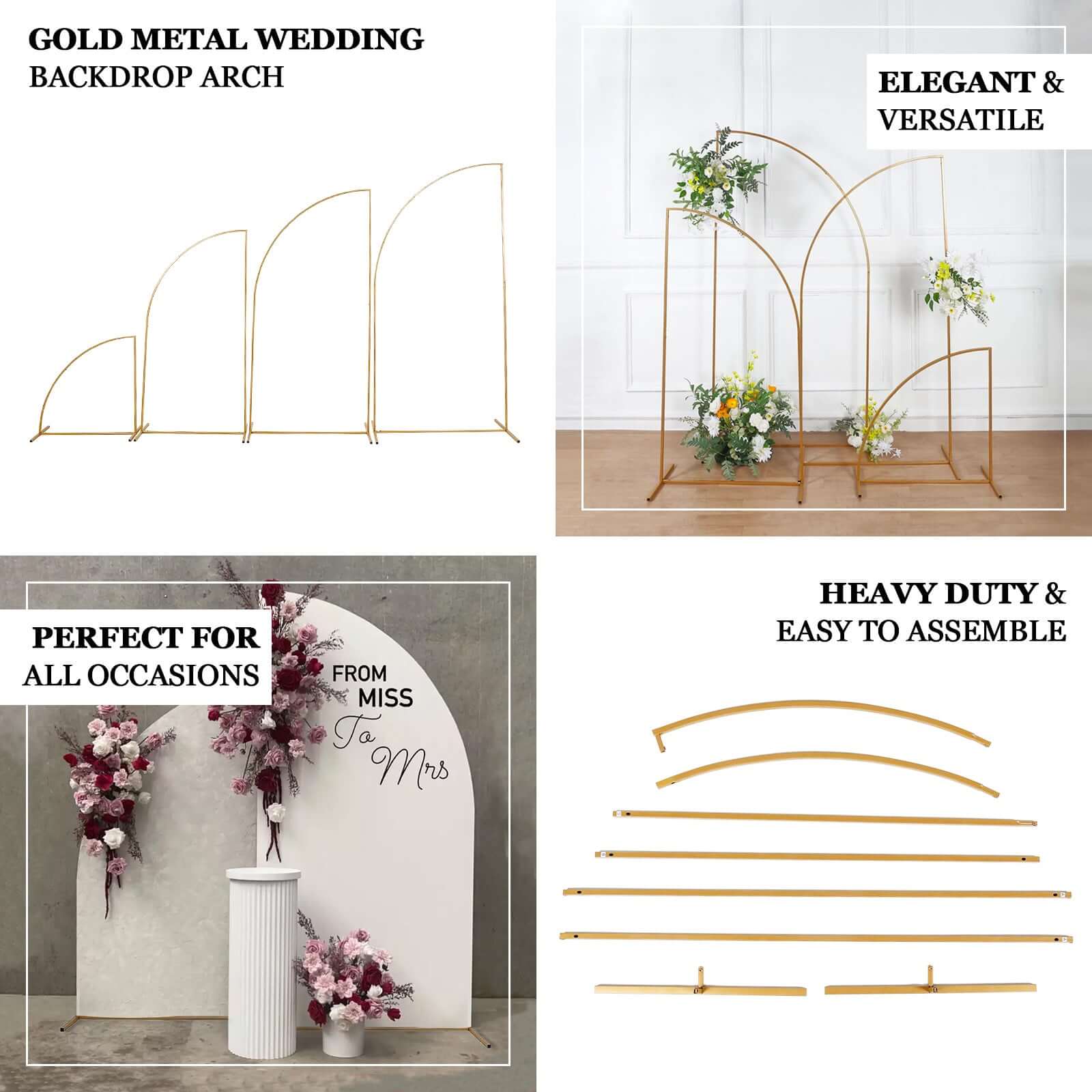 7ft Gold Metal Half Moon Floral Frame Wedding Arbor Stand, Chiara Backdrop Display Arch